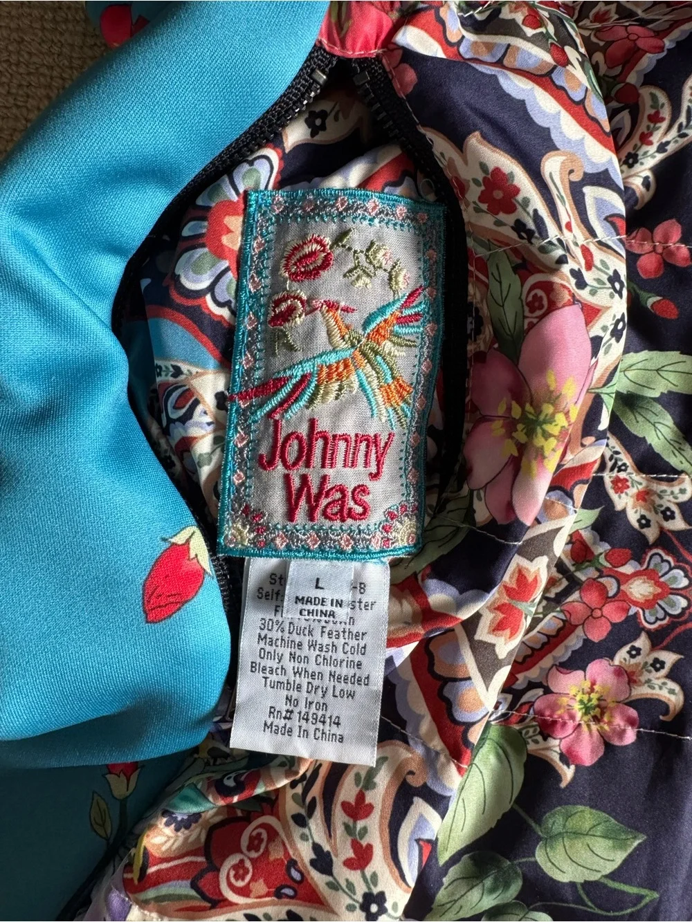 Johnny Was Santa Fe Reversible Down Puffer Parka Teal Multicolor Floral Large